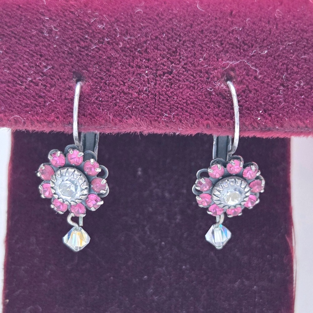 VTG Signed Liz Palacios Pink Swarovski Crystal Flower Dangle Leverback Earrings